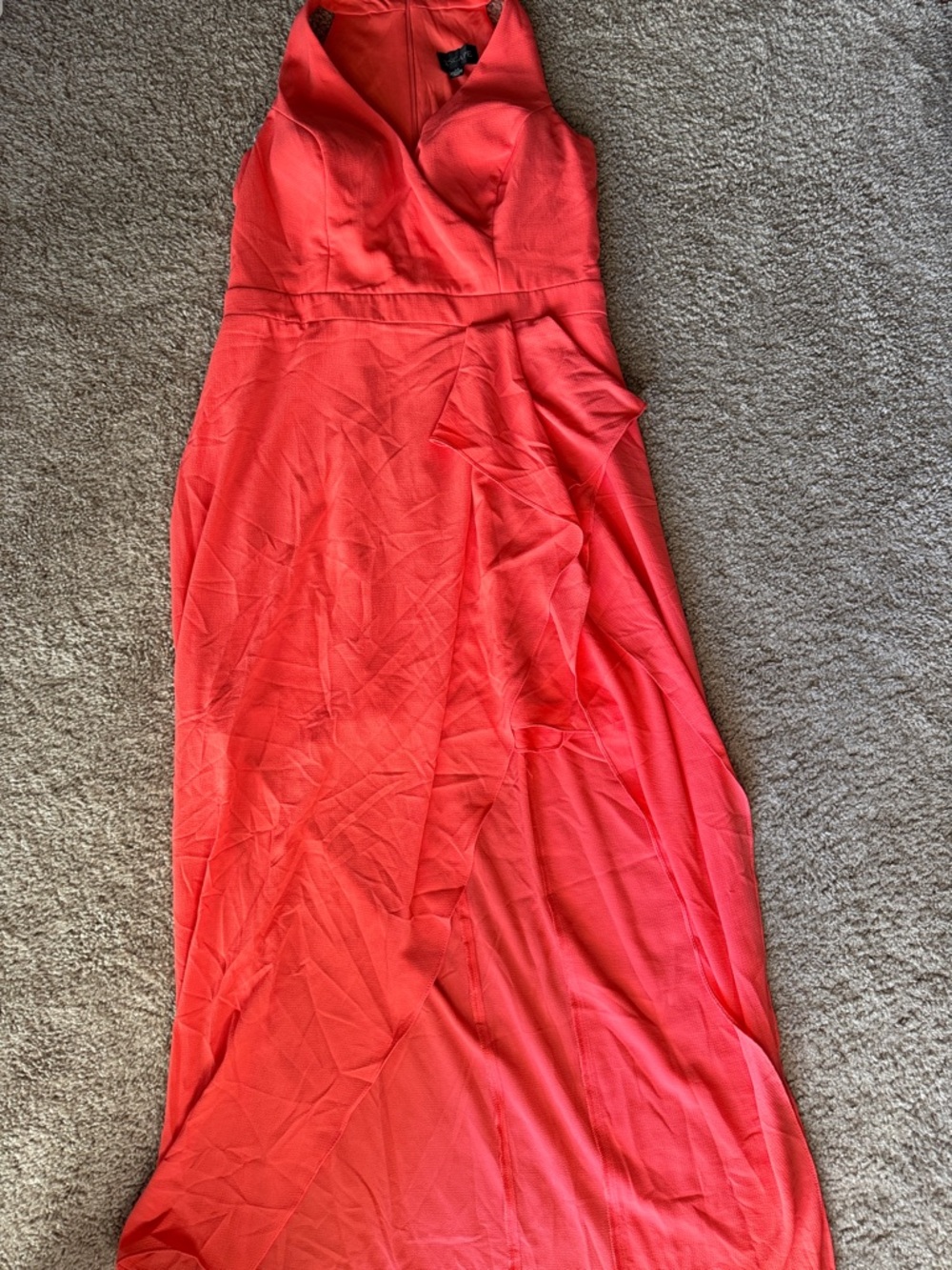 Xscape Coral-Red Halter Evening Dress